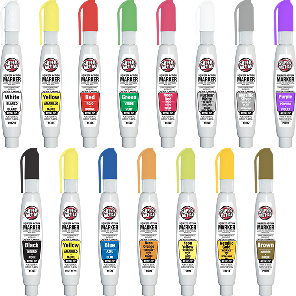 Steel tip paint marker for permanent marks on metal surfaces. Writes and  cures underwater.